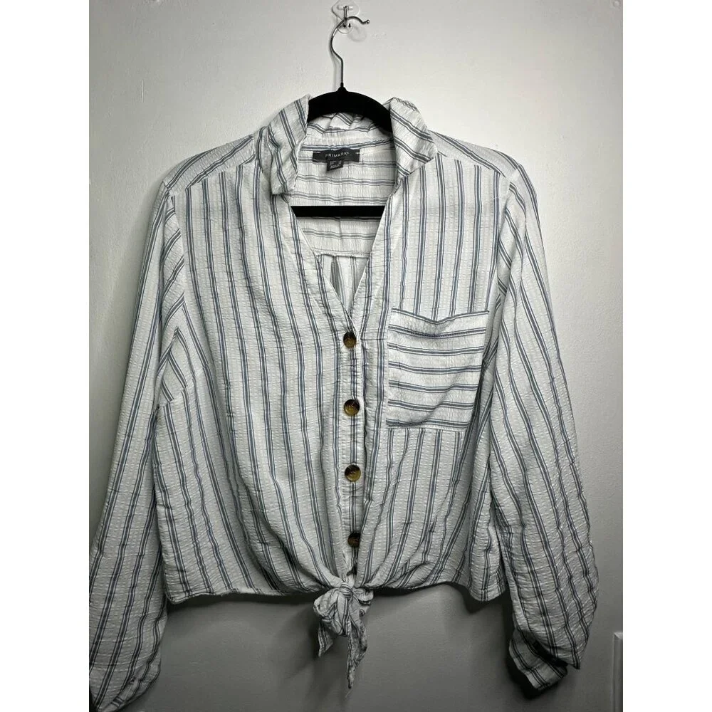 Primark Women’s Size 12 Linen Blend Blouse Striped Tie Front Coastal Lightcore - Picture 2 of 5